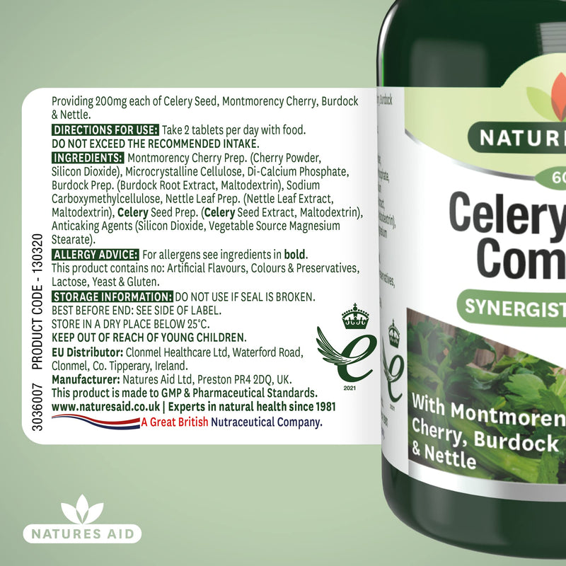 Natures Aid Celery Seed Complex, with Montmorency Cherry, Nettle & Burdock, Vegan Tablets, 60 Count (Pack of 2) 60 count (Pack of 2) - BeesActive Australia