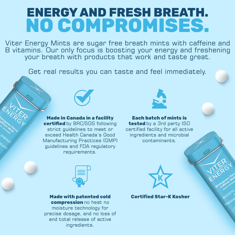 Viter Energy Caffeinated Mints 40mg Caffeine, B Vitamins, Sugar Free. (Wintergreen, 20pcs, 6 Pack) Wintergreen 20 Count (Pack of 6) - BeesActive Australia