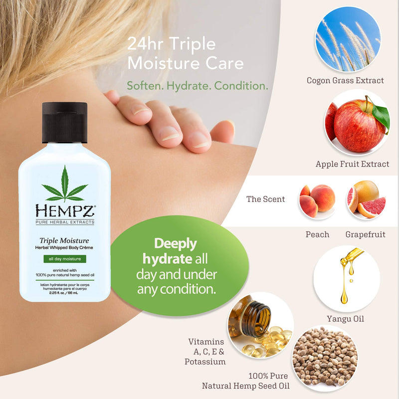 Hempz Natural Triple Moisture Herbal Whipped Body Creme with 100% Pure Hemp Seed Oil for 24-Hour Hydration - Moisturizing Vegan Skin Lotion with Yangu Oil, Peach and Grapefruit - Enriched Moisturizer 2.25 Fl Oz (Pack of 1) - BeesActive Australia
