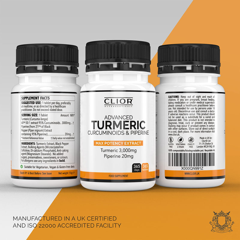 Turmeric Curcumin 3,000mg with Black Pepper x 365 Vegan Tablets High Strength | 1 Year Supply | 95% Curcumins + 20mg Piperine | Tiny Easy-to-Swallow Supplements by Clior (Cambridge Labs) - BeesActive Australia