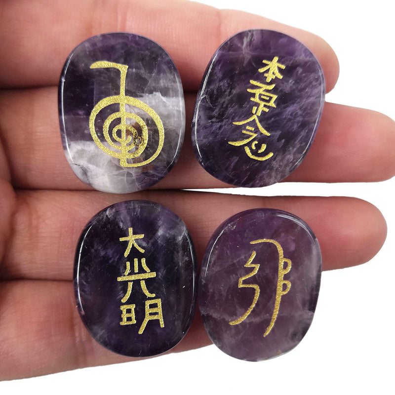 Lovionus89 4 Pcs Amethyst Engraved Chakra Stones Healing Crystal Reiki Balancing Palm Stone, 25mm - BeesActive Australia