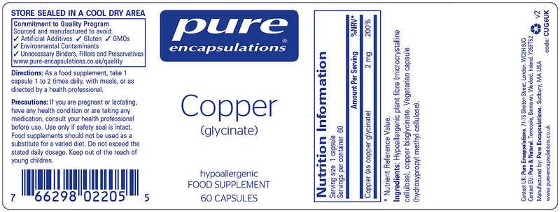 Pure Encapsulations - Copper (glycinate) - Support for Normal Function of The Immune System - 60 Capsules - BeesActive Australia