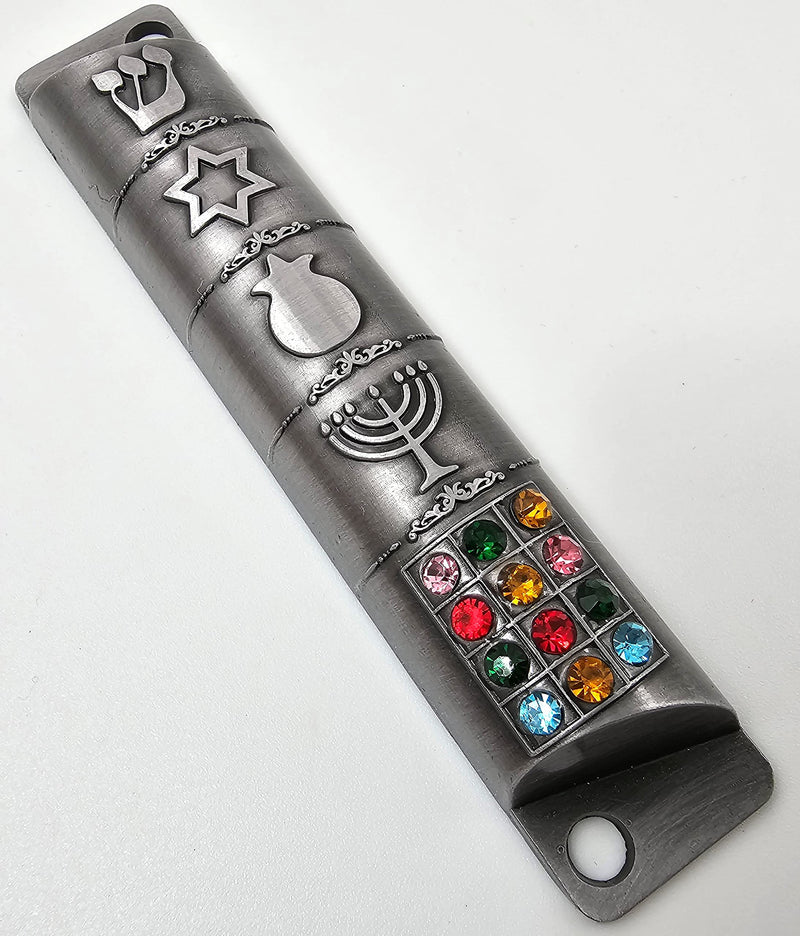 Set of 2 Pewter Mezuzah Case with Scroll for Door Jewish Symbols Star of David Menorah Ten Commandments 12 Tribes of Israel Mezuzah Set Judaica Gift 10 cm / 4 inch - BeesActive Australia