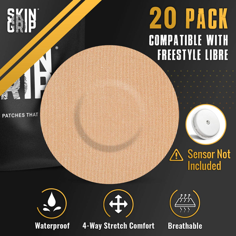 Skin Grip Adhesive Patches for Freestyle Libre 2 – Waterproof & Sweatproof for 10-14 Days, Pre-Cut Adhesive Tape, Continuous Glucose Monitor Sensor Cover – 20 Pack, Tan - BeesActive Australia