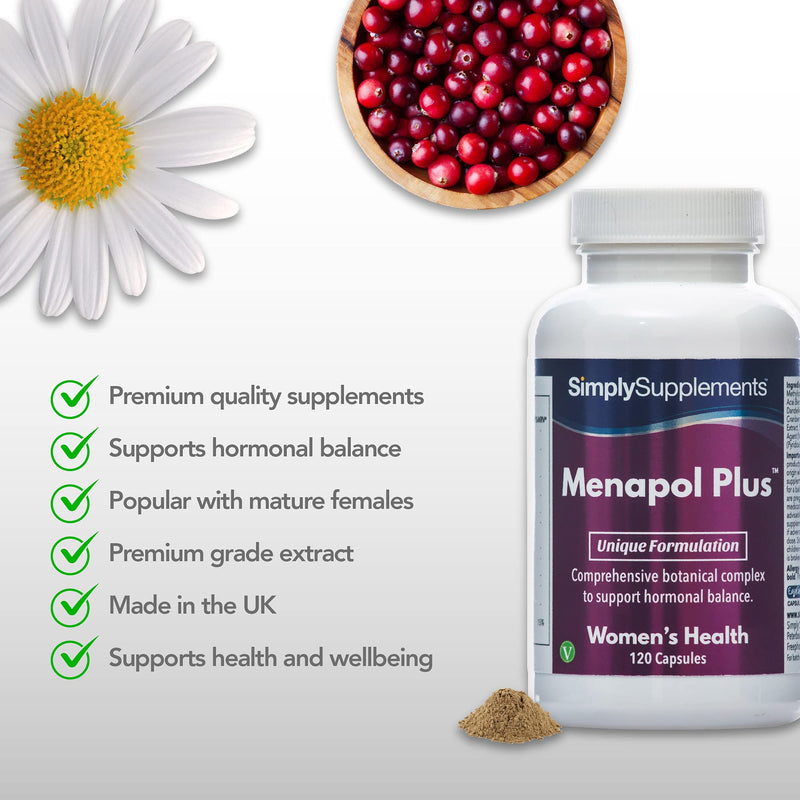 Menapol Plus for Hormonal Balance | SOYA Isoflavones, Siberian Ginseng & Red Clover Capsules | 120 Capsules | Manufactured in The UK - BeesActive Australia