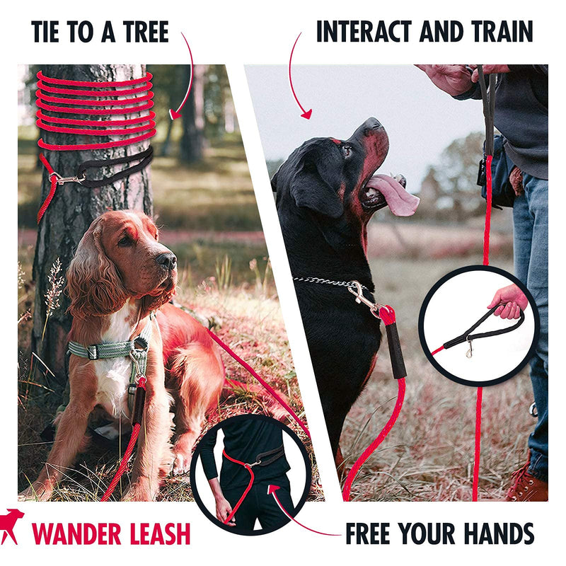 Tuff Pupper Heavy Duty 30 Foot Long Rope Leash for Dogs | Dog Recall Training Leash | High Visibility Strong Climbing Rope Leash | Hand or Waist Worn | Stainless Steel 360° Clips for Tangle Free Use March Red - BeesActive Australia