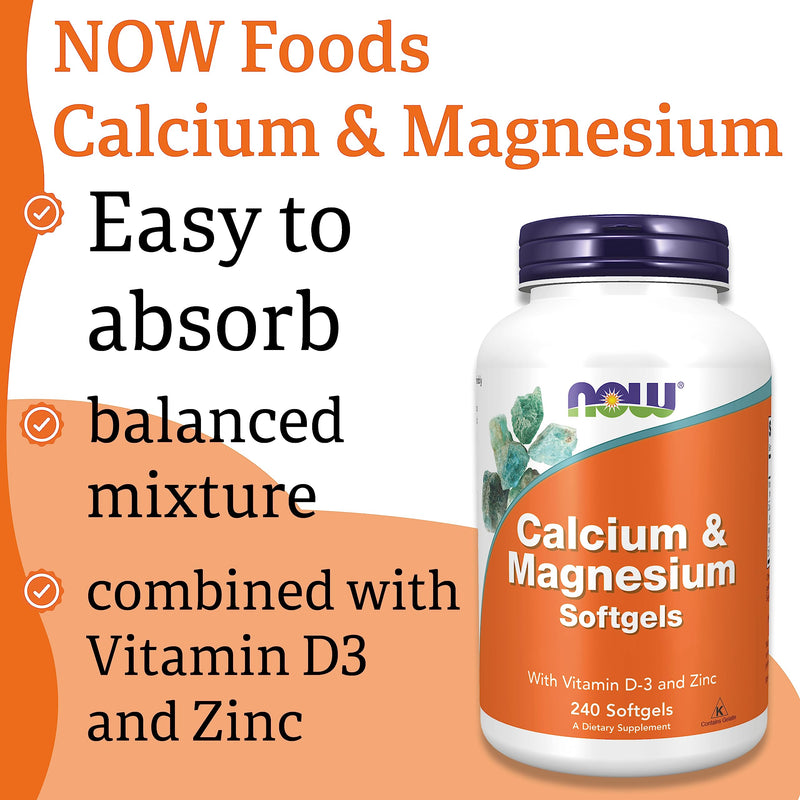 Now Foods, Calcium & Magnesium Softgels, 240 Softgels, Lab-Tested, Vitamin D3, Zinc, Gluten Free - BeesActive Australia