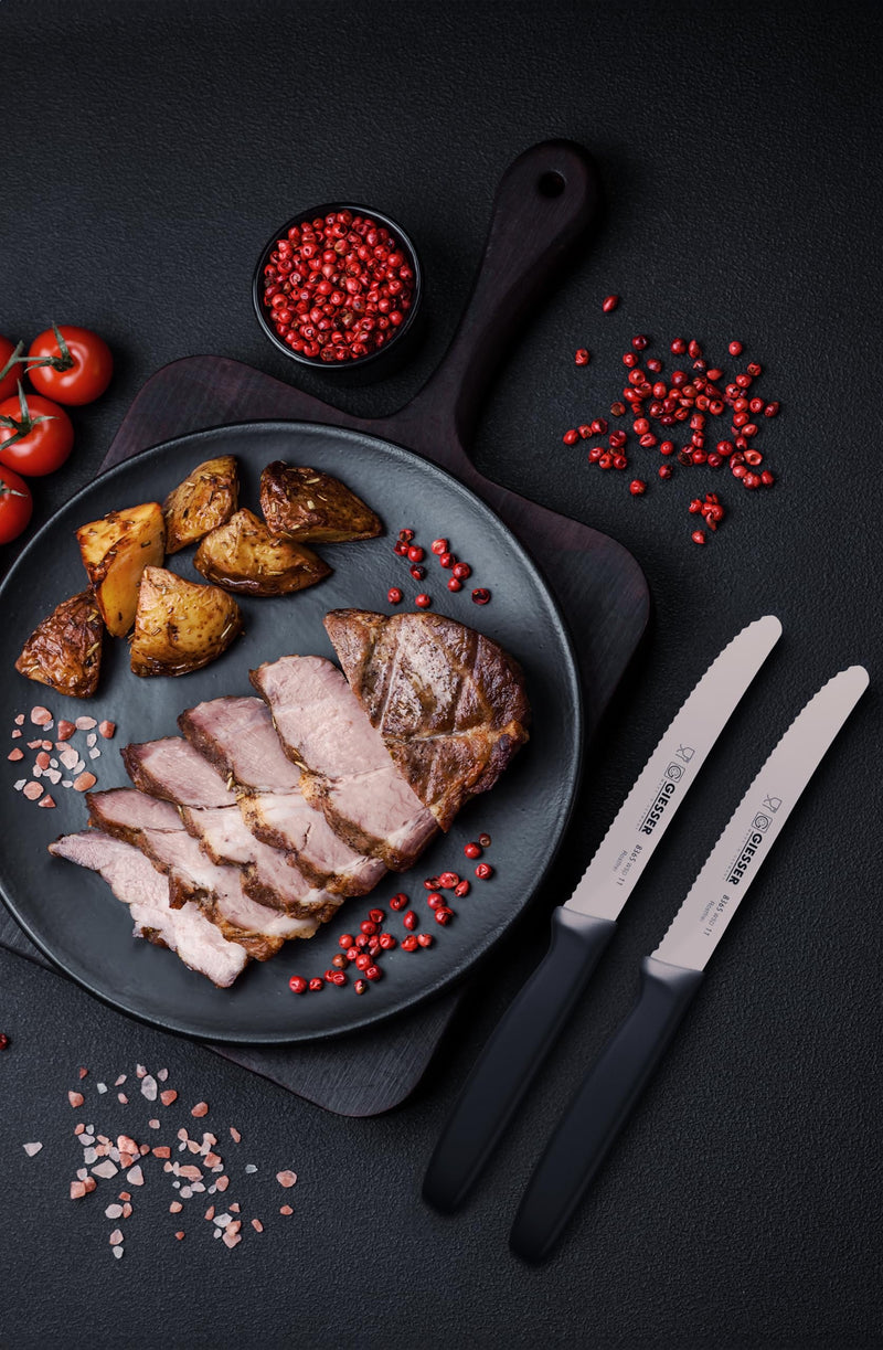 Giesser since 1779, Made in Germany, serrated Utility kitchen knives round tip dishwasher safe 4.5 inch - paring knife, Tomato knife, black steak knives set of 6, restaurant knife - BeesActive Australia