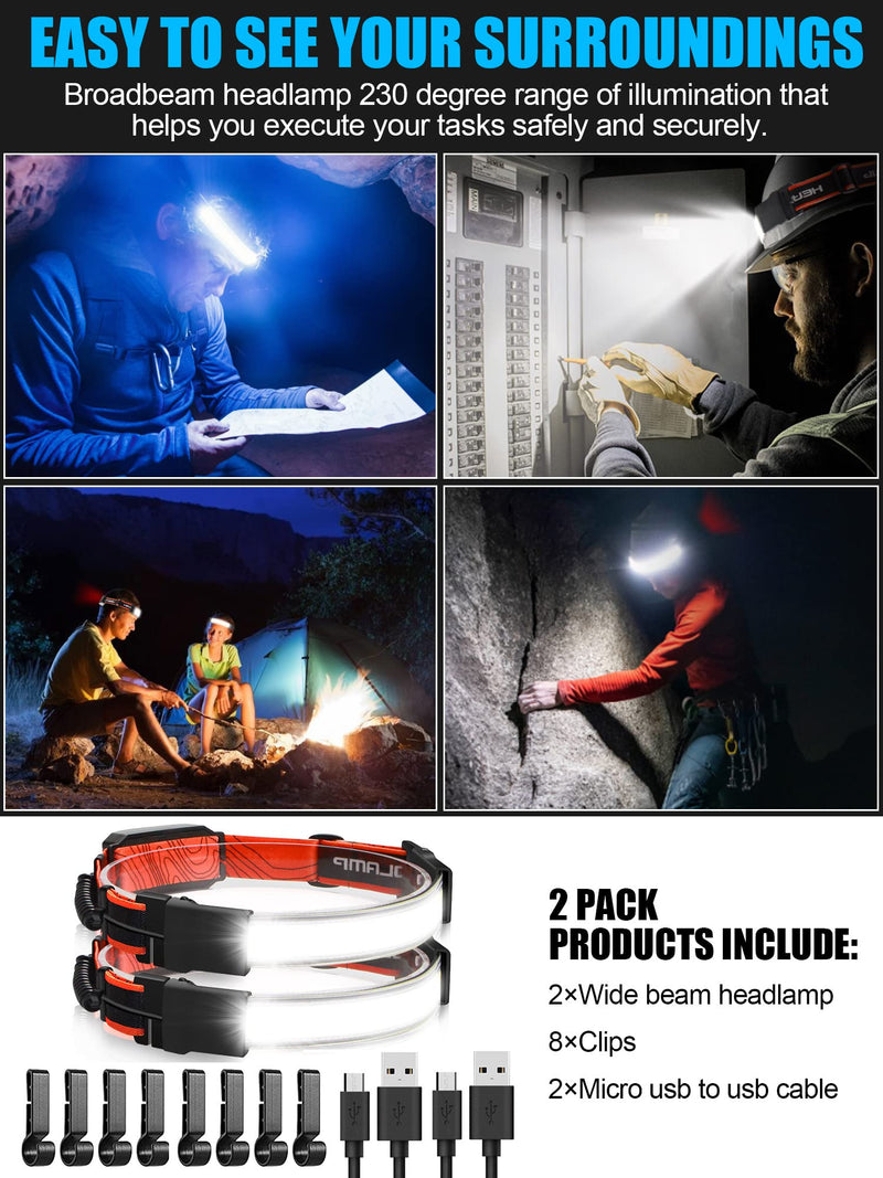 LED Headlamp Flashlight, 1000lumens 230° Broadbeam Headlight, USB Rechargeable Head Lamp with Red Taillight, Lightweight Waterproof Headlamps for Camping Running Hiking, Hard Hat Headlamp 2pcs Widebeam Headlamp - BeesActive Australia