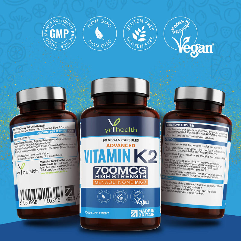 Vitamin K2 MK7 700mcg - High Strength Vitamin K2 Menaquinone - 90 Vegan Society Registered Capsules Not Tablets - Made in The UK by YrHealth - BeesActive Australia