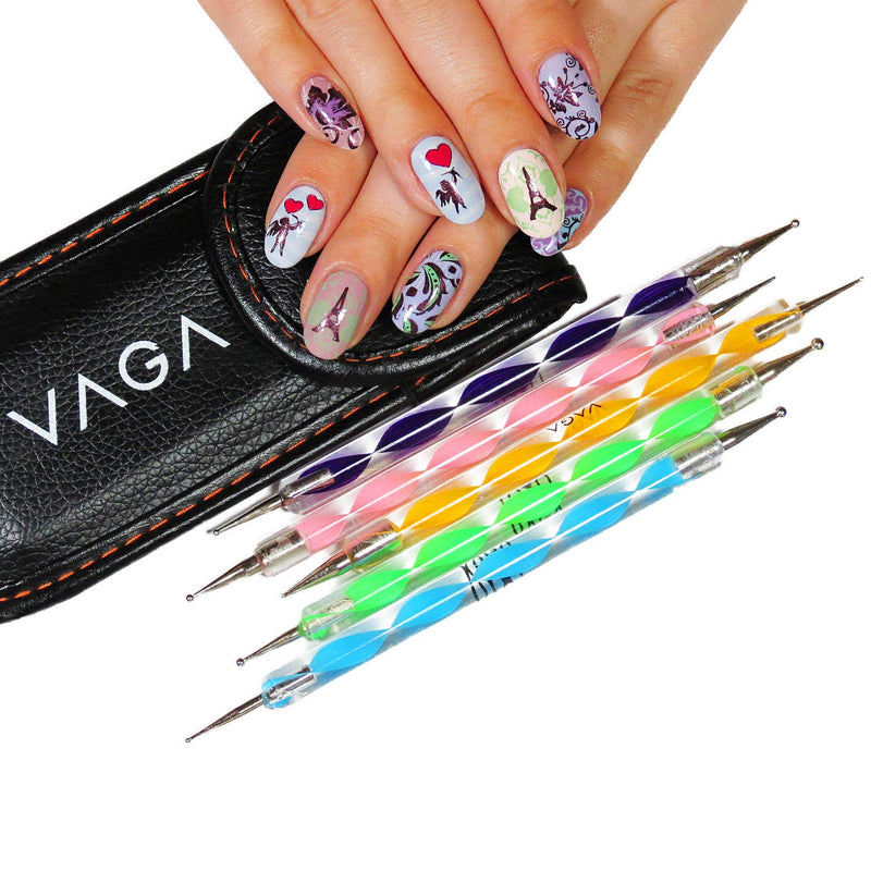 VAGA Mandala Dotting Tools For Nails Premium Quality Professional Nail Kit Of 5 Colorful Double Ended Nail Art Dot And Marbling Tools Accessories With 10 Dot Sizes Packed In A Black Pu Case - BeesActive Australia