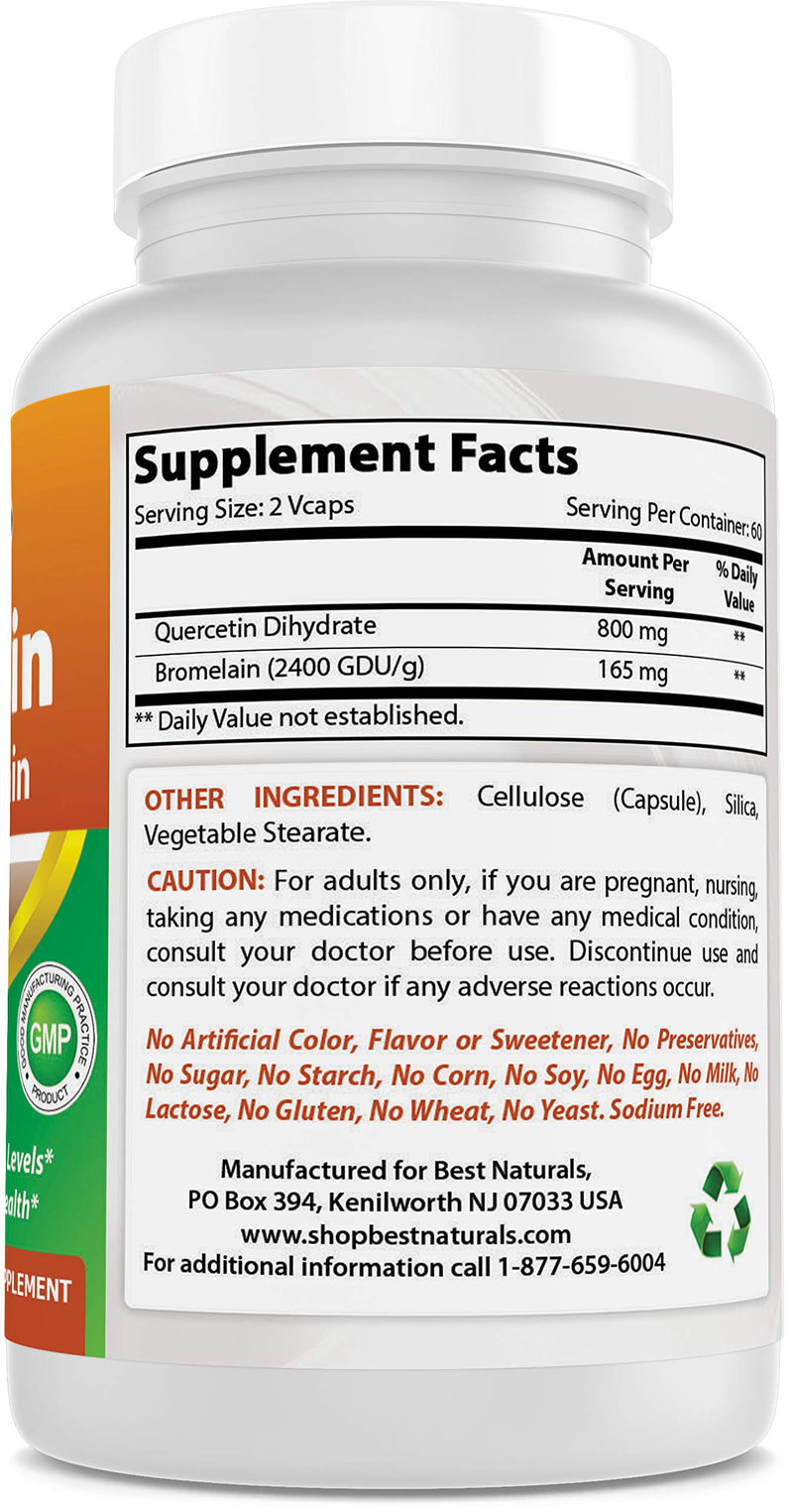 Best Naturals Quercetin with Bromelain Veggie Capsule - 800mg of Quercetin & 165 mg of Bromelain (2400 GDU/g), 120 Count 120 Count (Pack of 1) - BeesActive Australia