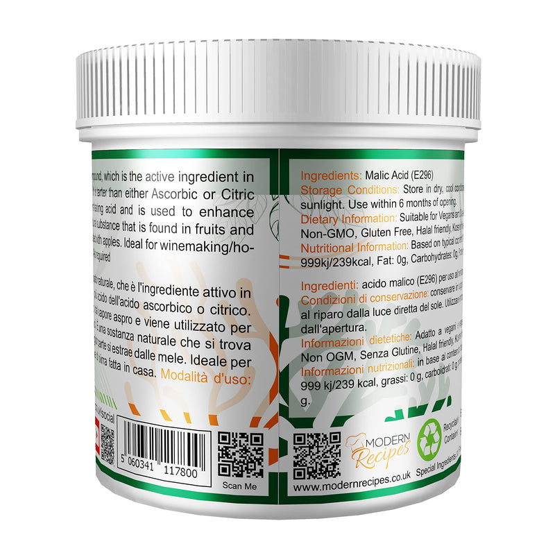 Special Ingredients Malic Acid Powder 500g Premium Quality - Vegan, Non-GMO - Recyclable Container 500 g (Pack of 1) - BeesActive Australia