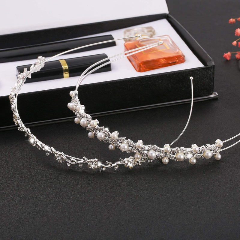 2 Pieces Wedding Party Women's Faux Pearl Rhinestones Headband Flower and Leaves Crown Hair Band for Bride Bridesmaids - BeesActive Australia