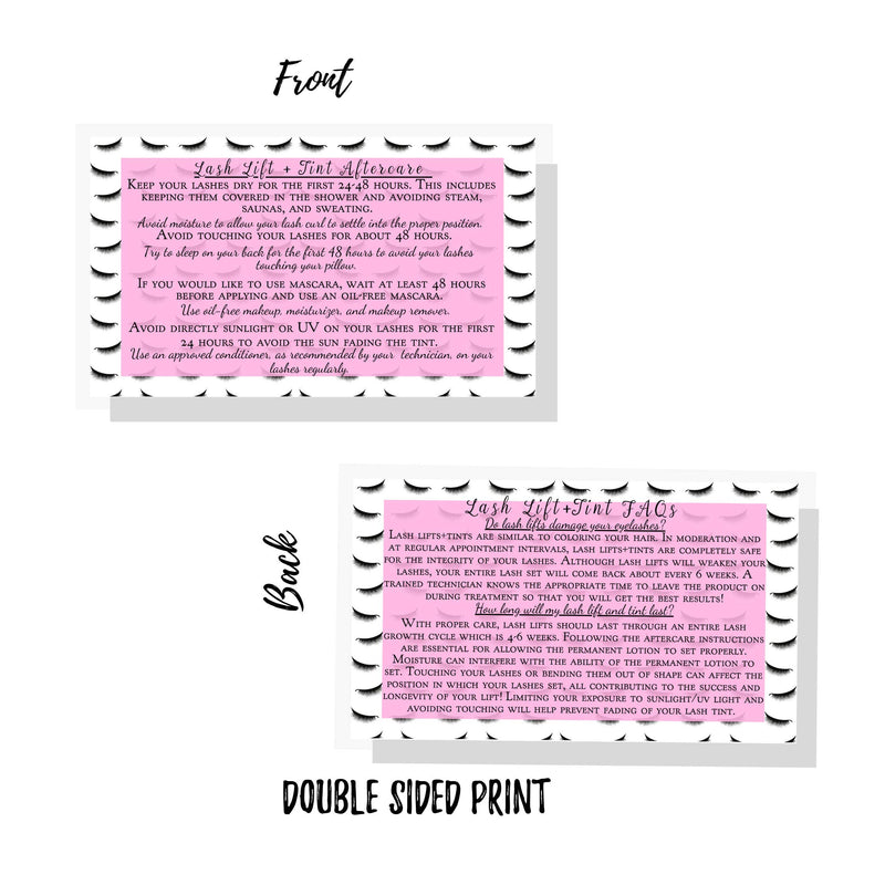 Lash Lift + Tint Aftercare Instruction Cards | 50 Pack | 2 x 3.5” inches Business Card Size | Eyelash Lift and Tint Kit at Home DIY aftercare Supplies | Lash Print with Pink Inlay Design - BeesActive Australia