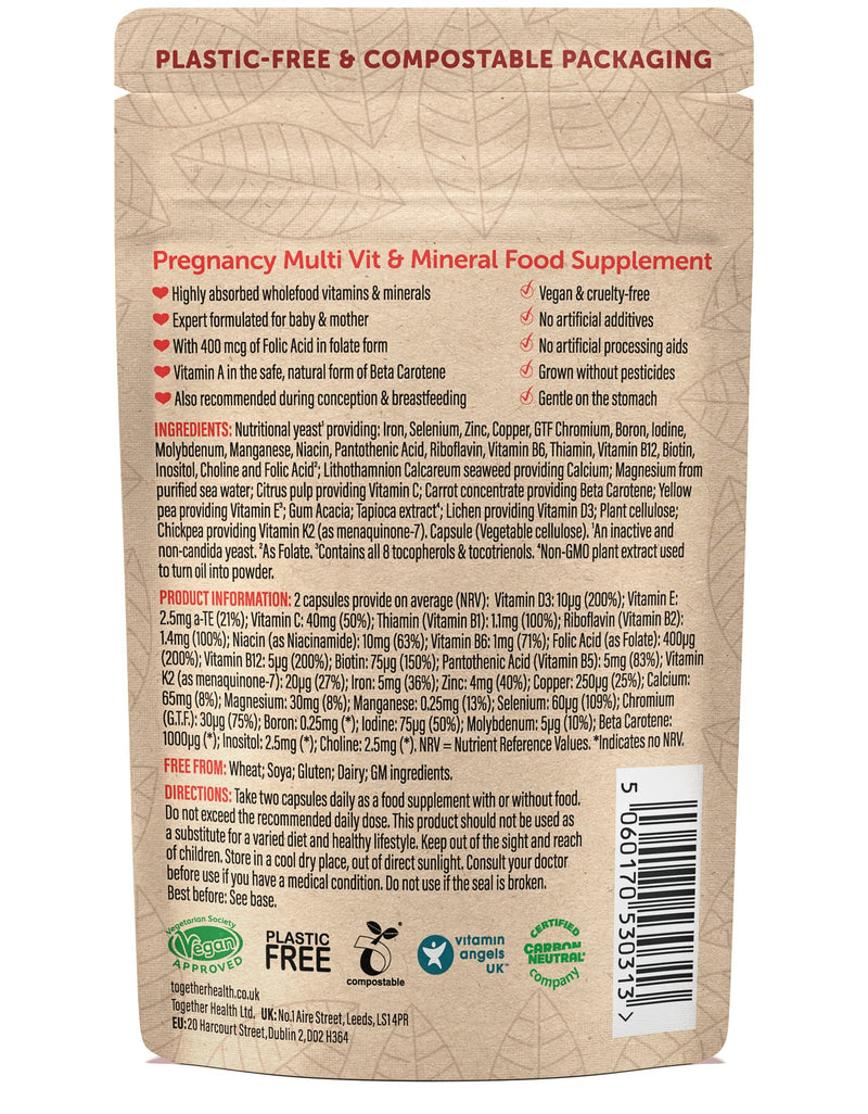 Pregnancy Multi Vitamin and Mineral � Together Health � Recommended During Conception, Pregnancy & Breastfeeding � Includes 400mcg Folic Acid � Vegan Friendly � Made in The UK � 60 Vegecaps Unflavoured 60 Count (Pack of 1) - BeesActive Australia