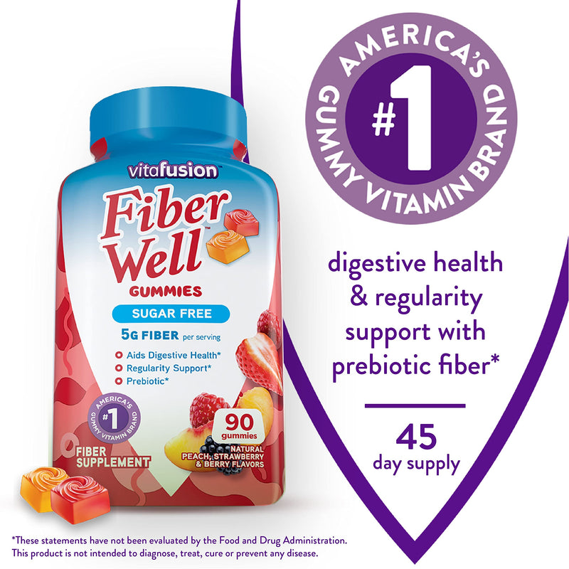 Vitafusion Fiber Well Sugar Free Fiber Supplement, Peach, Strawberry And Blackberry Flavored Supplements, 90 Count Peach,Strawberry 90 Count (Pack of 1) - BeesActive Australia