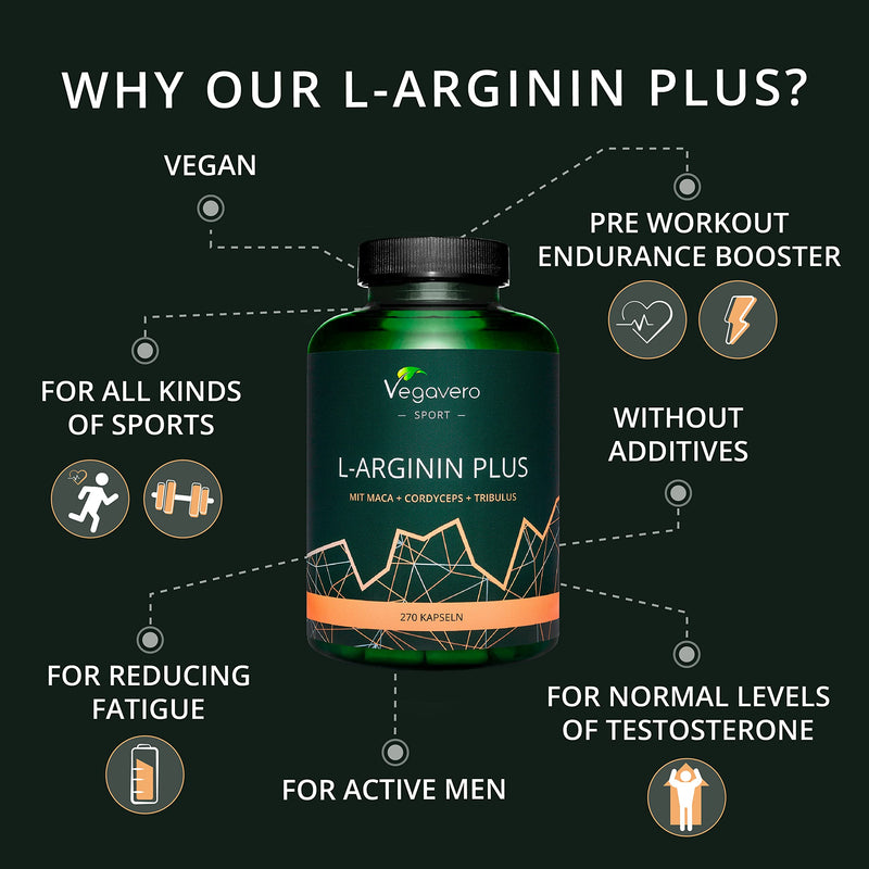 L-Arginine Complex Vegavero® | with Maca, Tribulus Terrestris, Zinc, Cordyceps & Vitamin C | 270 Vegan Capsules | NO Additives, Gelatine or Bulking Agents - BeesActive Australia