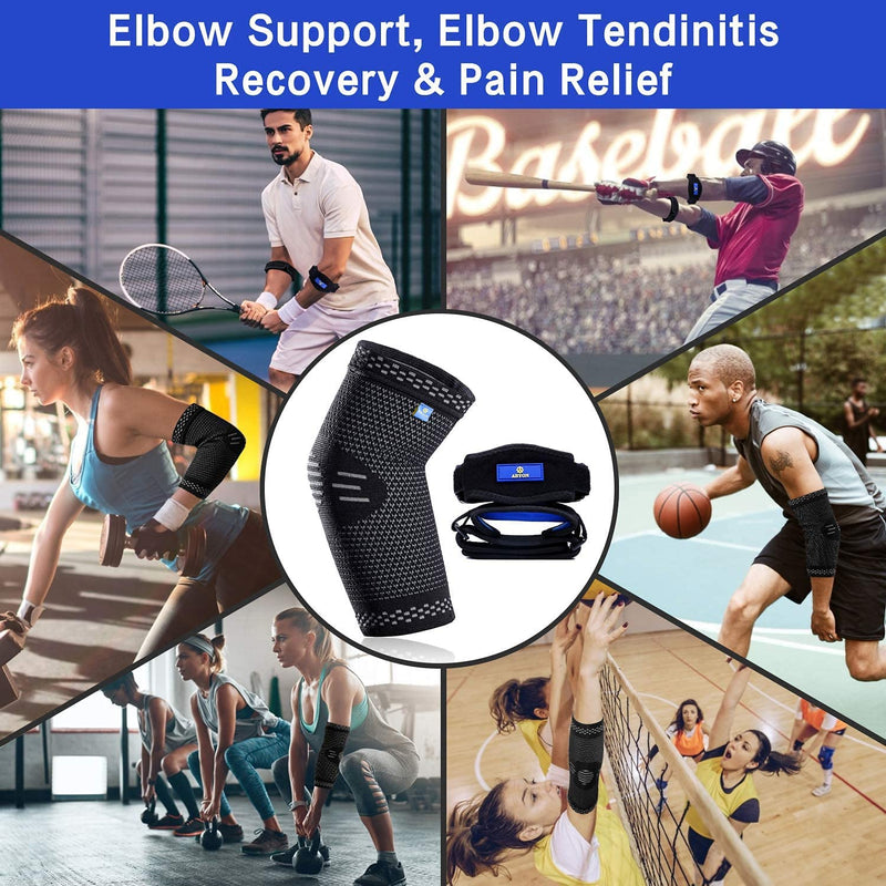 ABYON Professional Medical Grade Elbow Brace Compression Sleeve (1pcs)+Tennis Elbow Brace (2pcs),Elbow Support Gear for Sports or Daily Use to Reduce Elbow Pain and Tendonitis | Tennis Elbow | Golfer's Elbow | Arthritis for Men and Women Medium Black - BeesActive Australia