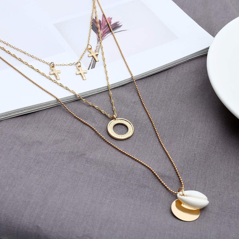 Edary Layered Pendant Necklace Natural Shells Cross Gold Necklaces Chain for Women and Girls - BeesActive Australia