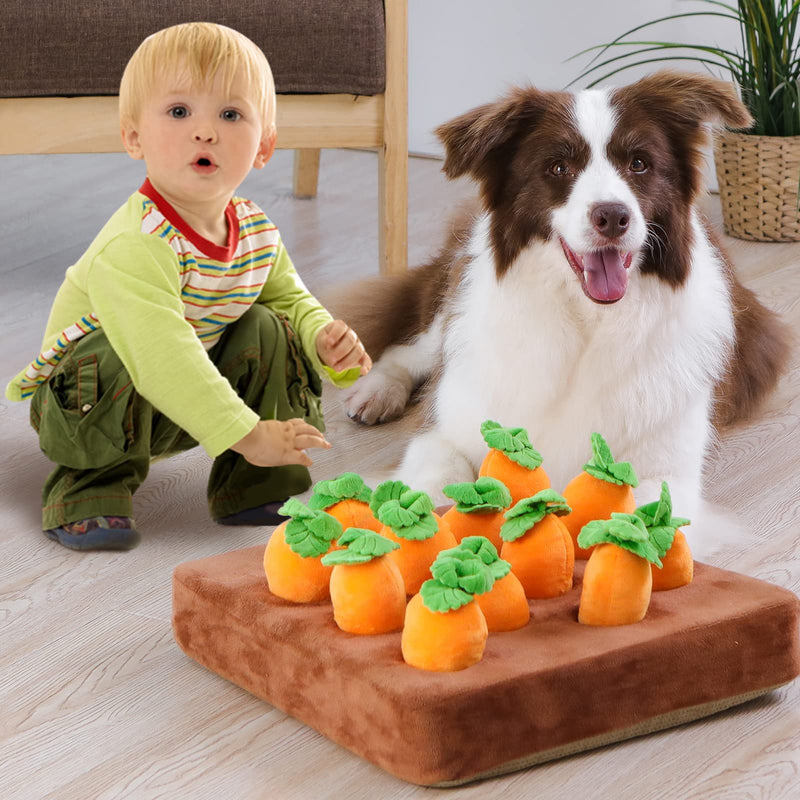 Interactive Dog Toys，Carrot Snuffle Mat for Dogs Plush Puzzle Toys 2 in 1 Non-Slip Nosework Feed Games for Pet Stress Relief with 12 Carrots - BeesActive Australia