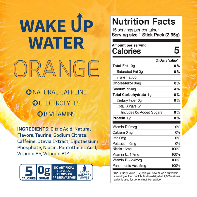Wake Up Water Energy + Hydration Mix – Energy + Hydration Powder Packets With Natural Caffeine, Electrolytes, B Vitamins | No Sugar | Daily Fuel With No Crash Or Jitters | (Orange) Orange - BeesActive Australia