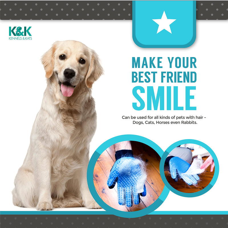 KENNELS & KATS Grooming Glove | Deshedding Glove for Easy, Mess-Free Grooming | Grooming Mitt for Dogs, Cats, Rabbits & Horses with Long/Short/Curly Hair | Pet Hair Gloves for Pet Hair Removal Pair - One Size Fits All Blue - BeesActive Australia