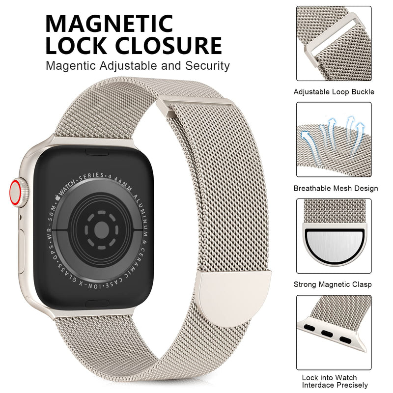 OULUOQI Compatible with Apple Watch Band 38mm 40mm 42mm 44mm Women and Men,Stainless Steel Mesh Loop Magnetic Clasp Replacement for iWatch Band Series SE 7 6 5 4 3 2 1. (Starlight, 38mm/40mm/41mm) A-Starlight - BeesActive Australia