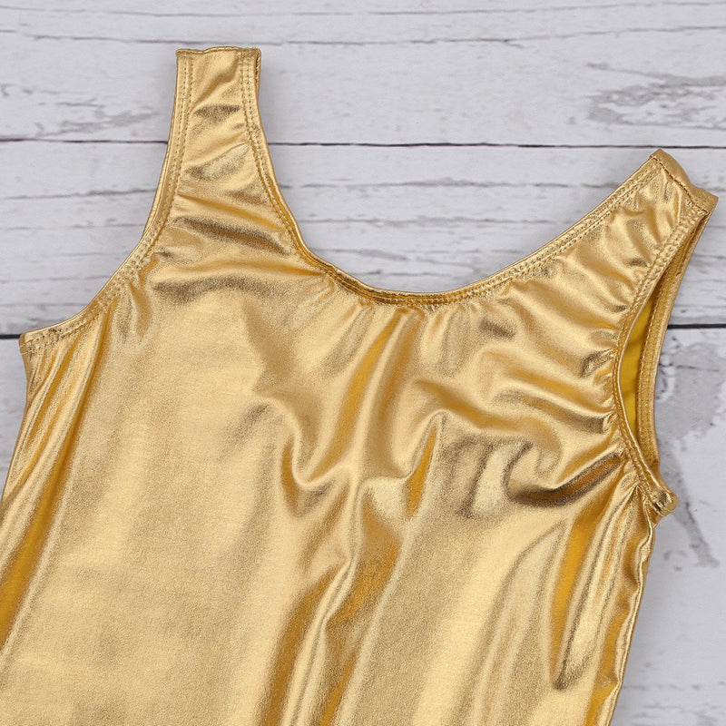 [AUSTRALIA] - FEESHOW Girls Shiny Mettalic Gymnasitc Leotard Unitard Sleeveless Jumpsuit Ballet Dance wear Costumes Gold 8-10 