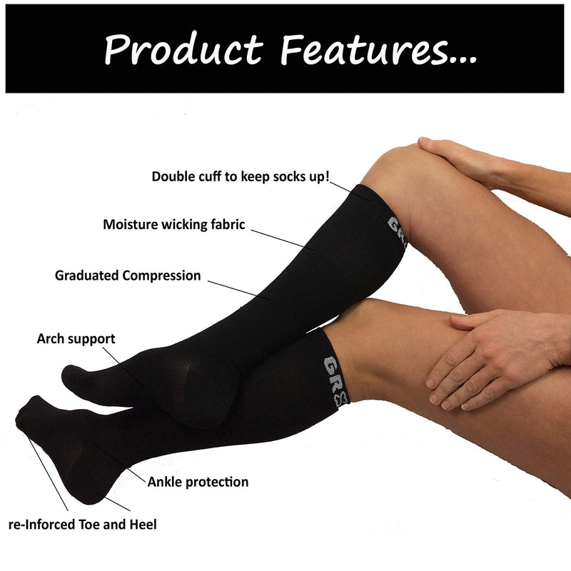 gr8ful® Compression Socks for Men & Women | Fab for Running, Calf Injury, Shin Splints, Achilles Tendonitis, Travel & Pregnancy | Reduce Swelling + Pain, Aid Recovery. Black, 15-20mmhg, 1 Pair L/XL 1 Pair - L/XL - BeesActive Australia