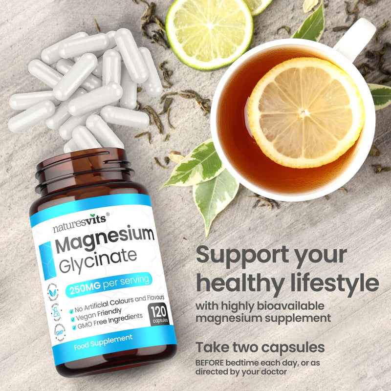 Magnesium Glycinate Capsules, 250 mg - Bisglycinate Natural Night Time Supplement to Promote Sleep and Calm, Reduce Restless Legs and Relieve Muscle Cramps - Suitable for Women and Men - BeesActive Australia