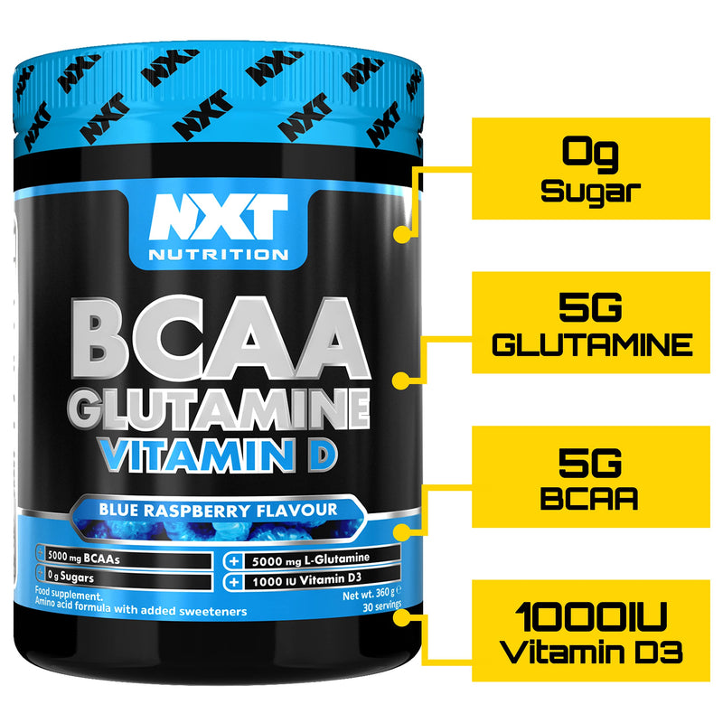 NXT Nutrition BCAA, Glutamine & Vitamin D | BCAAs Amino Acids with Vitamin D3 and L-Glutamine - for Recovery, Gut Health and Muscle Protein Synthesis | 360g - 30 Servings (Blue Raspberry) - BeesActive Australia