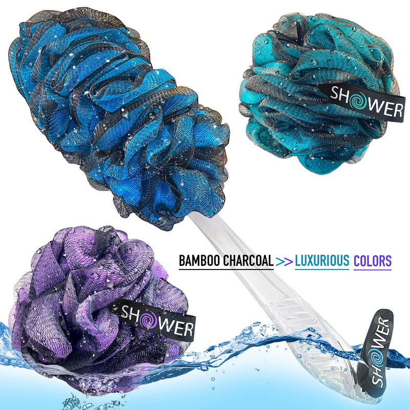 Loofah-Charcoal Back-Scrubber & Bath-Sponge Color-Set by-Shower-Bouquet: 1 Long-Handle-Back-Brush Plus 2 Extra Large 75g Soft Mesh Poufs, Men & Women - Exfoliating Cleanse with XL Luffa Lufas Loofahs Charcoal Blue, Charcoal Green, Charcoal Lavender - BeesActive Australia