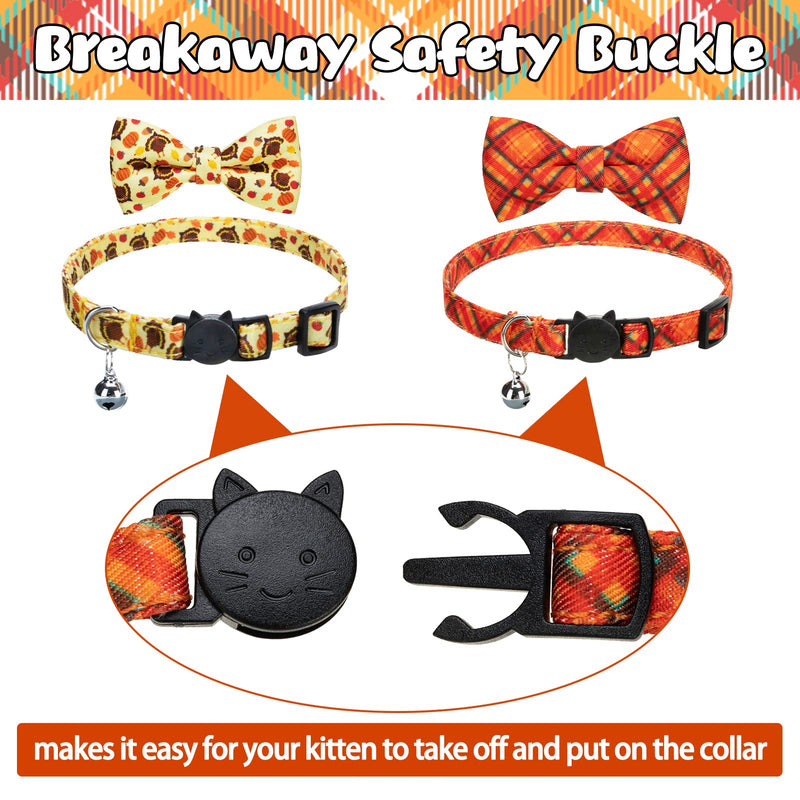 Thanksgiving Breakaway Cat Bowtie Collar with Bell Turkey Printing Plaid Cute Fall Kitten Accessories for Cat Puppy, Pack of 2 Turkey & Plaid - BeesActive Australia
