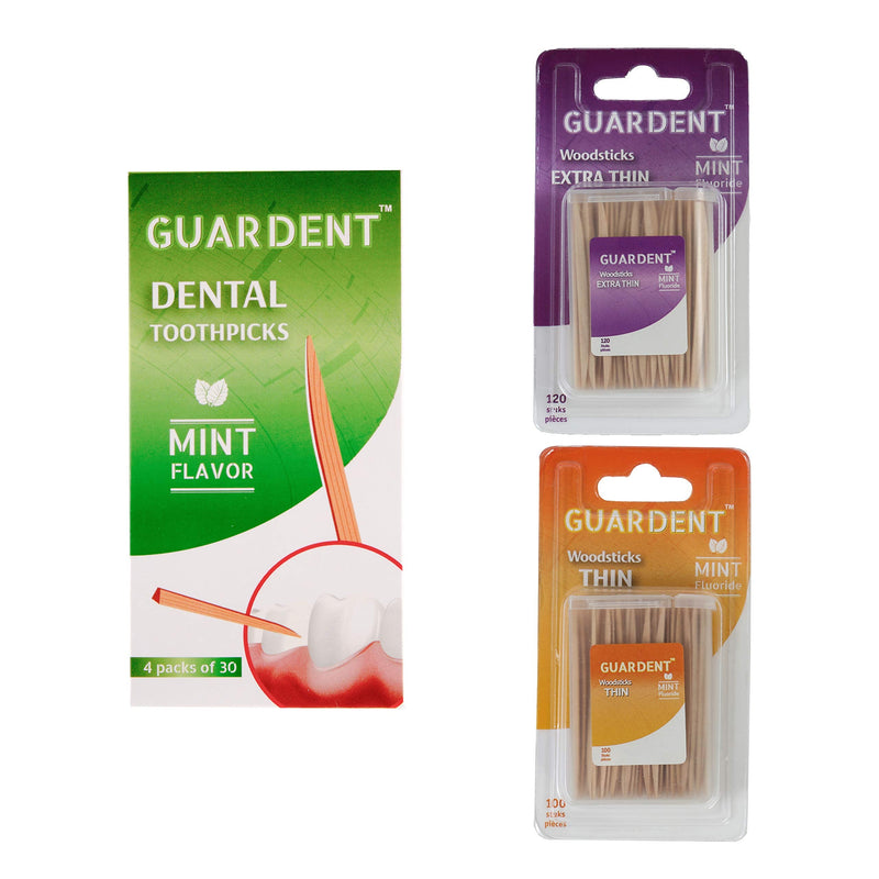 Guardent Dental Extra-Thin Toothpicks and Biodegradable Woodsticks Plaque Remover Fresh Effect - Mint & Fluoride Flavor - 2 Packs of 120 Picks (240 Picks) 2 Packs of 120 Picks (240 Picks) - BeesActive Australia