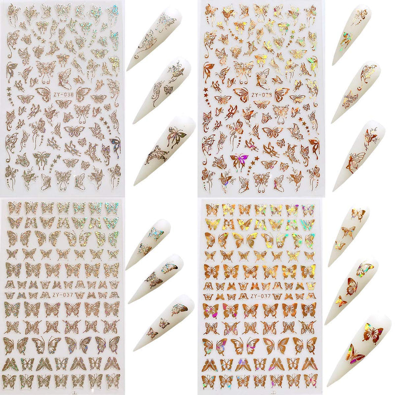 8 Sheets Butterfly Nail Art Stickers Holographic Laser Self Adhesive Nail Art Decals Gold and Silver Butterfly Shapes Design for Women Girls Manicure Tips Wraps Decorations - BeesActive Australia