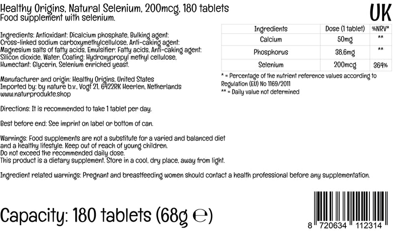 Healthy Origins, Natural Selenium, 200mcg, 180 Vegan Tablets, Lab Tested, Gluten Free, Soy Free, Vegetarian - BeesActive Australia