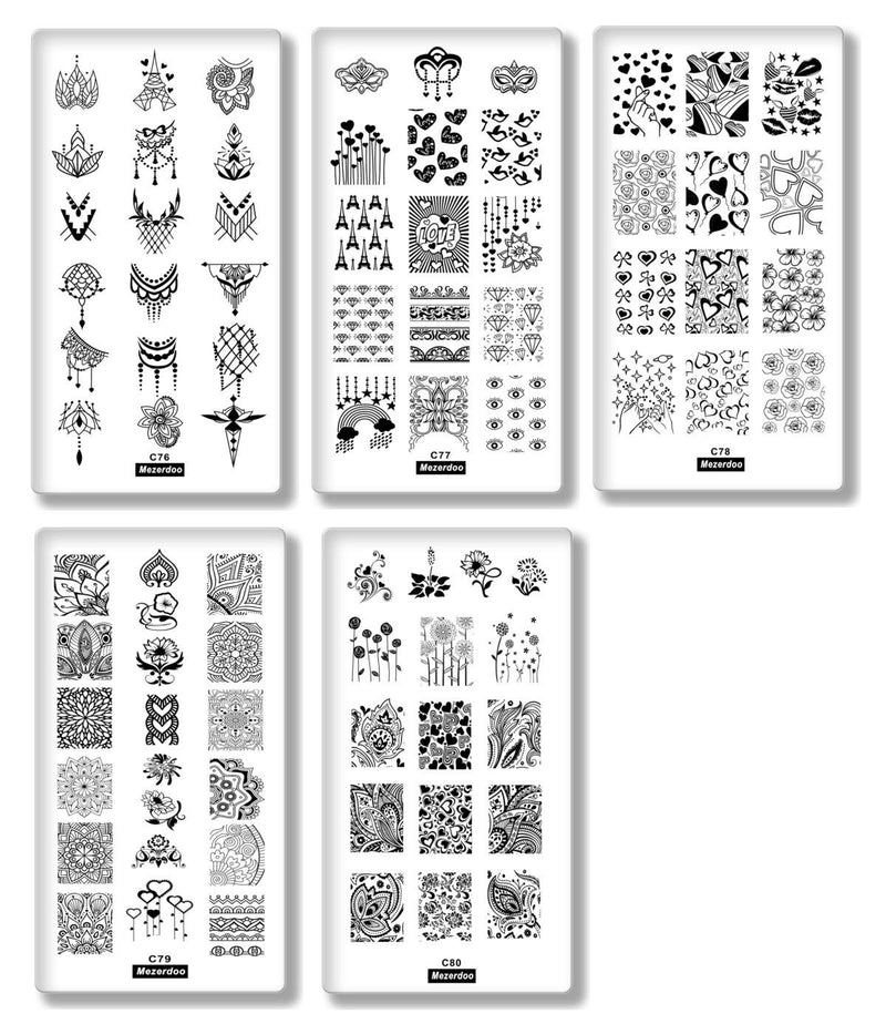 5pcs Mask Iron Tower Heart Nail Art Image Template Flower Geometry Love Valentine's Day Rectangle Nail Art Stamping Plates + 1 Chess Silicone Nail Stamper Scraper Set - BeesActive Australia