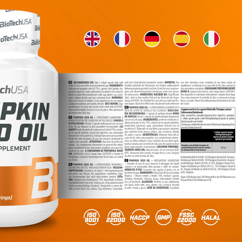 BioTechUSA Pumpkin Seed Oil, Food Supplement Soft Gel Capsules with Pumpkin Seed Oil, 60 Capsules - BeesActive Australia