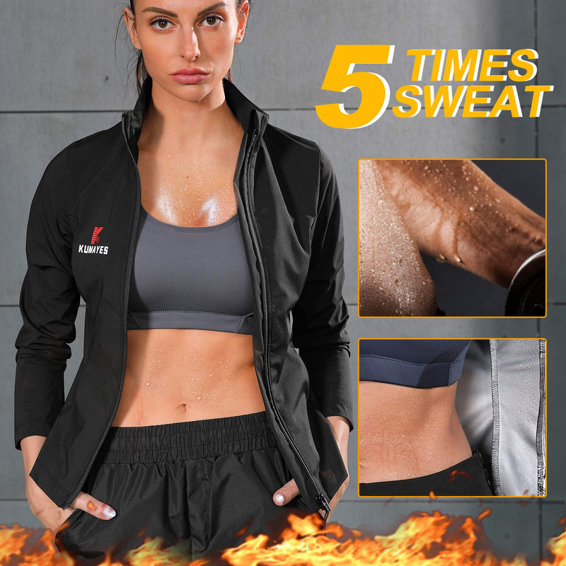 Kumayes Sauna Suit for Women Waist Trainer Weight Loss Workout Jacket Slimming Body Shaper Sweat Tank Tops Long Sleeve Shirt with Zipper Black Small - BeesActive Australia