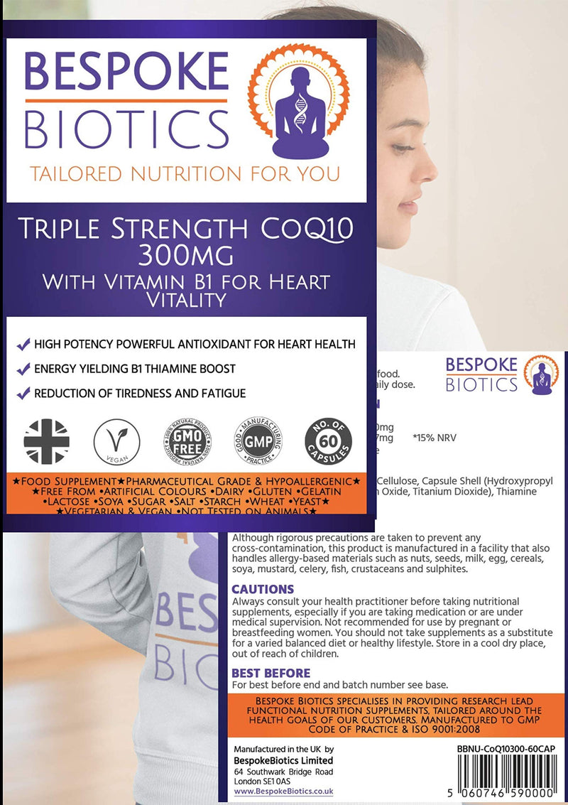 Co Enzyme Q10 300mg Triple Strength CoQ10 Enhanced & Vitamin B1 for Heart| Headache| Energy| 100% Natural| UK Made 60 Caps - BeesActive Australia