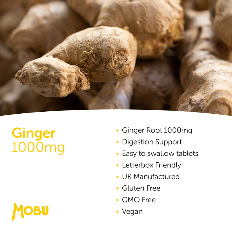 Ginger 1000mg 120 Tablets | Ginger Root Extract | Digestion, Travel Sickness & Joint Support | Letterbox Friendly | Vegan UK Made | GMP Approved | MOBU - BeesActive Australia