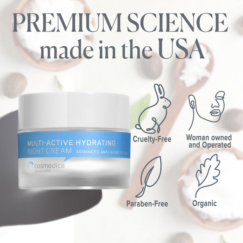 Cosmedica Skincare Multi-Active Hydrating Night Cream - Revitalizing Overnight Moisturizer & Anti-Aging Cream for Face and Neck with Hyaluronic Acid, Organic Shea, Glycolic Acid and Vitamin E, 2 oz - BeesActive Australia