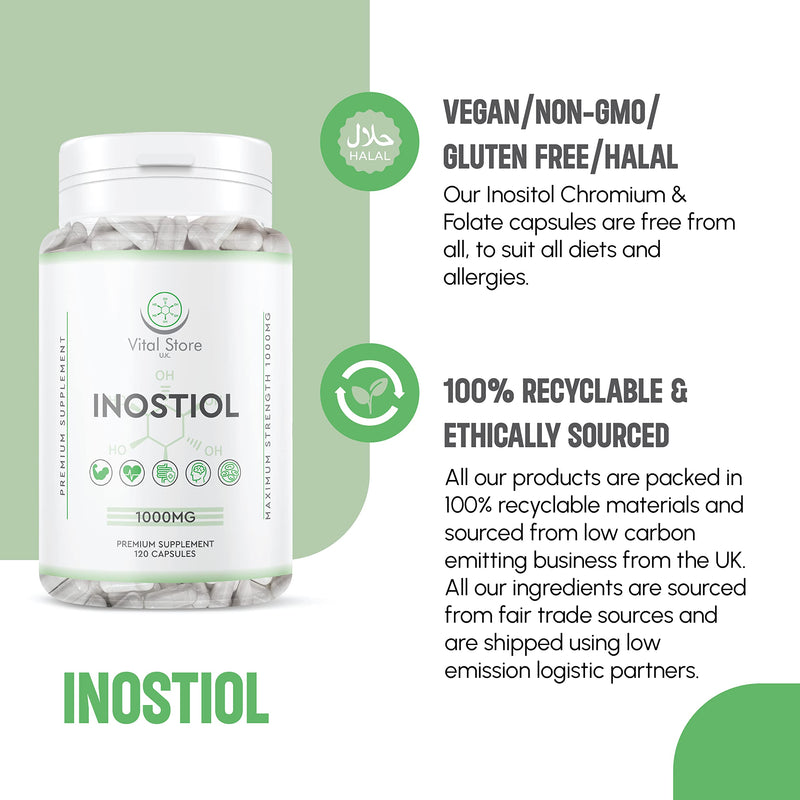 Inositol with Chromium & Folate 1000mg Vegan Capsules -120 Days Supply 4 Months - Vitamin b8 Vegan High Strength - UK Manufactured - BeesActive Australia