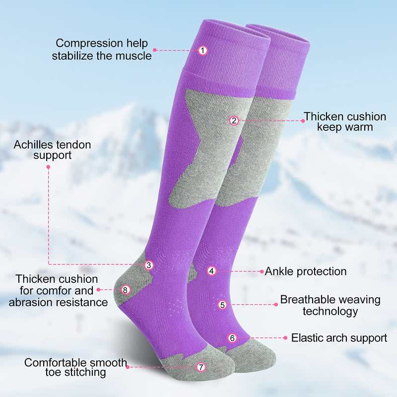 SATINIOR 2 Pairs Women's Ski Socks Warm Skiing Calf Cross Country Skis Snowboard Winter Supplies for Women girls Skiing, Snowboarding, Sport, Outdoor Recreation, Pink, Purple and Gray - BeesActive Australia