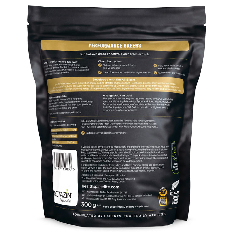Healthspan Elite All Blacks Performance Greens (300g) | Super Green Extracts | Unflavoured | Add to Shakes or Meals | Includes Spirulina, Kale, Spinach, Broccoli & Pomegranate | Added Actazin | Vegan - BeesActive Australia