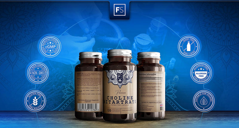 FS Choline Bitartrate | 120 Choline Capsules - High Strength 700mg Choline Bitartrate per Serving | Nootropics Choline Supplement | Non-GMO, Gluten & Allergen Free | Manufactured in the UK - BeesActive Australia