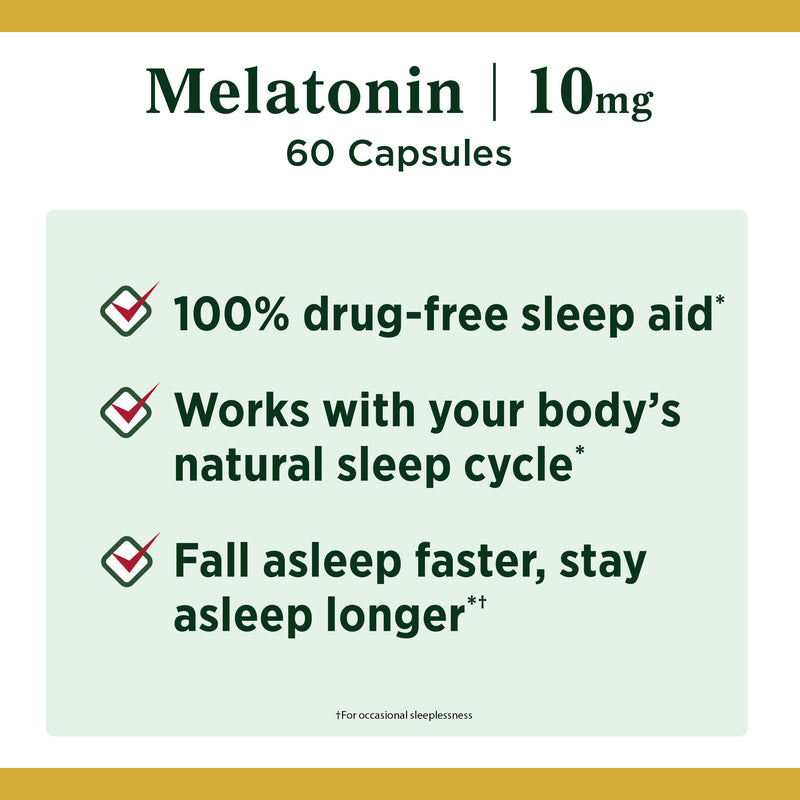 Melatonin by Nature's Bounty, 100% Drug Free Sleep Aid, Dietary Supplement, Promotes Relaxation and Sleep Health, 10mg, 60 Capsules 60 Count (Pack of 1) - BeesActive Australia