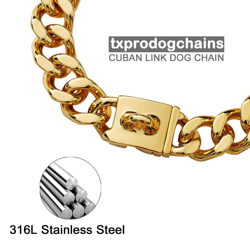 txprodogchains Big Dog Chain Collar with Buckle Strong Heavy Duty 21MM Thick Wide Stainless Steel Metal 18K Gold Cuban Link Chain Collar for Large Dogs 26" ( Fits Neck 24" to 25.5") - BeesActive Australia