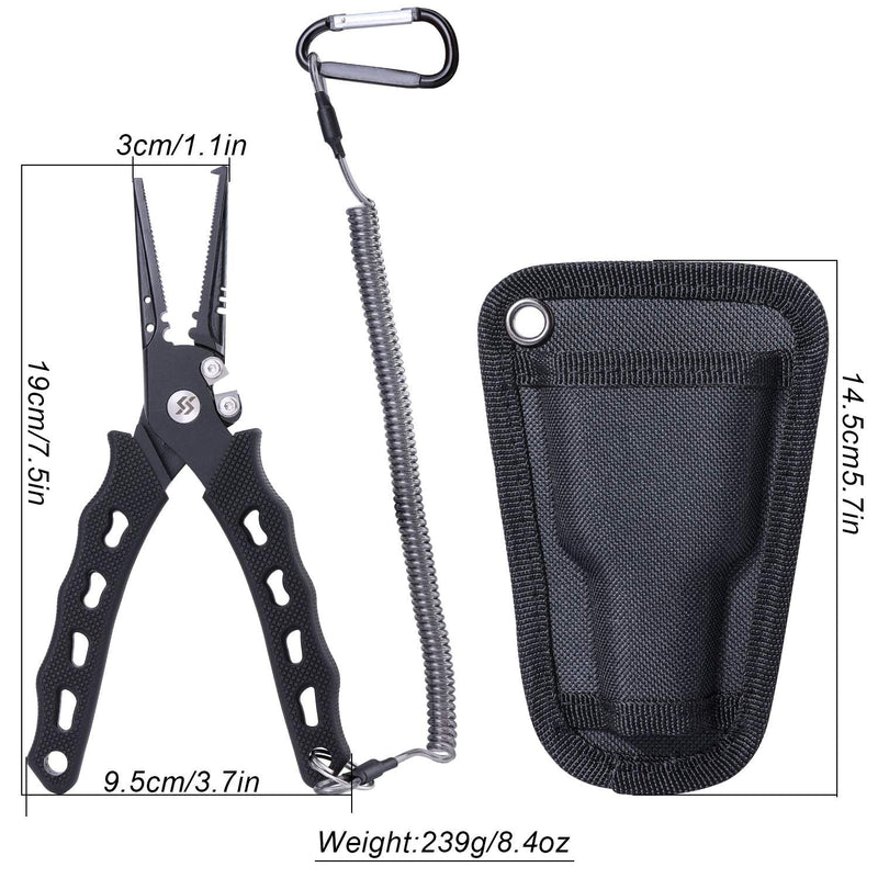 Sougayilang Sharpest 7.5 inch Fishing Pliers, 420 Stainless Steel Fishing Tools, Saltwater Resistant Fishing Gear with Rubber Handle, Sheath and Lanyard Tungsten Carbide Cutters 7.5'' Split Ring Nose - Black - BeesActive Australia